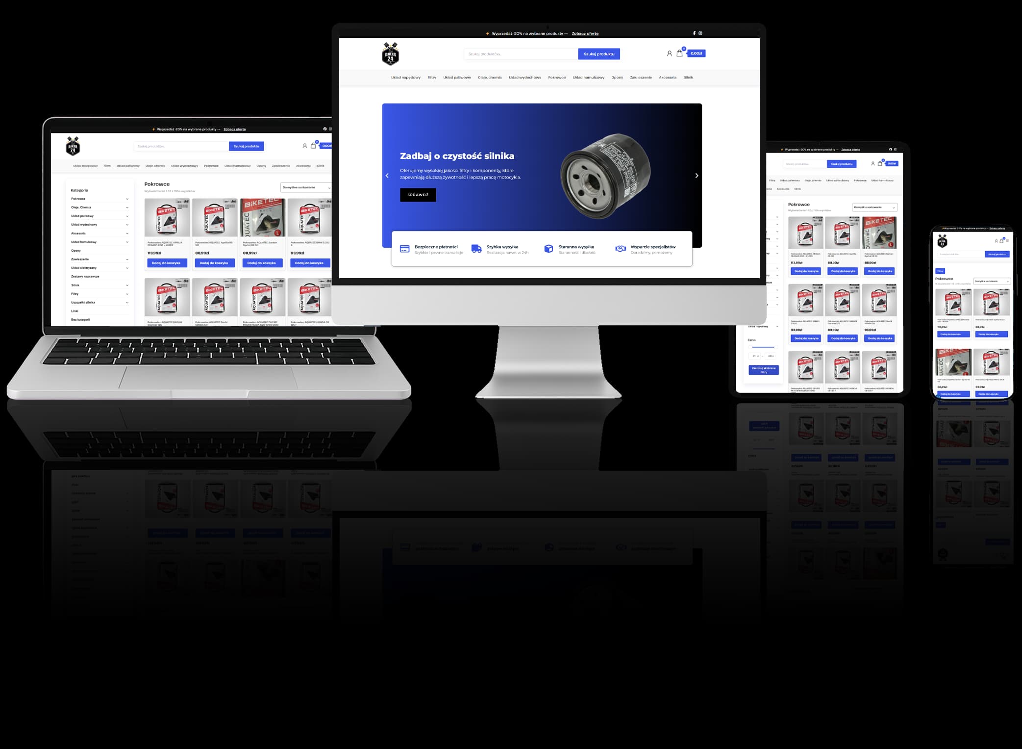 Responsywny projekt sklepu internetowego z częściami motorowymi, wyświetlany na różnych urządzeniach: komputerze, laptopie, tablecie i smartfonie