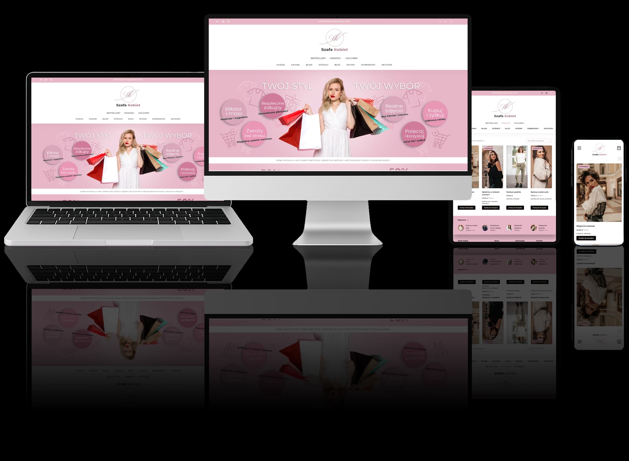 Responsywny projekt sklepu internetowego z ubraniami, wyświetlany na różnych urządzeniach: komputerze, laptopie, tablecie i smartfonie