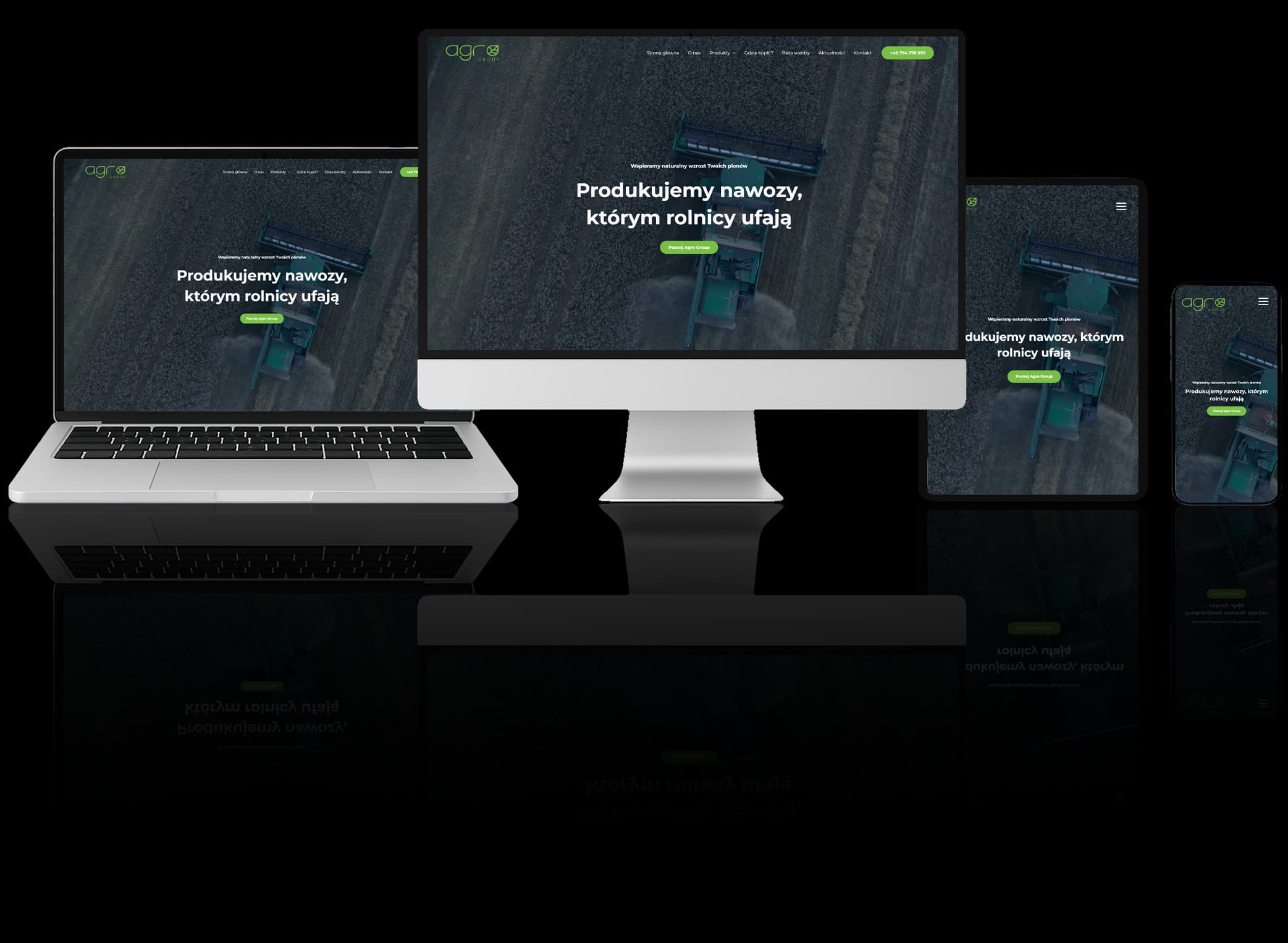 Responsywny projekt strony internetowej dla Agro-Group, wyświetlany na różnych urządzeniach: komputerze, laptopie, tablecie i smartfonie