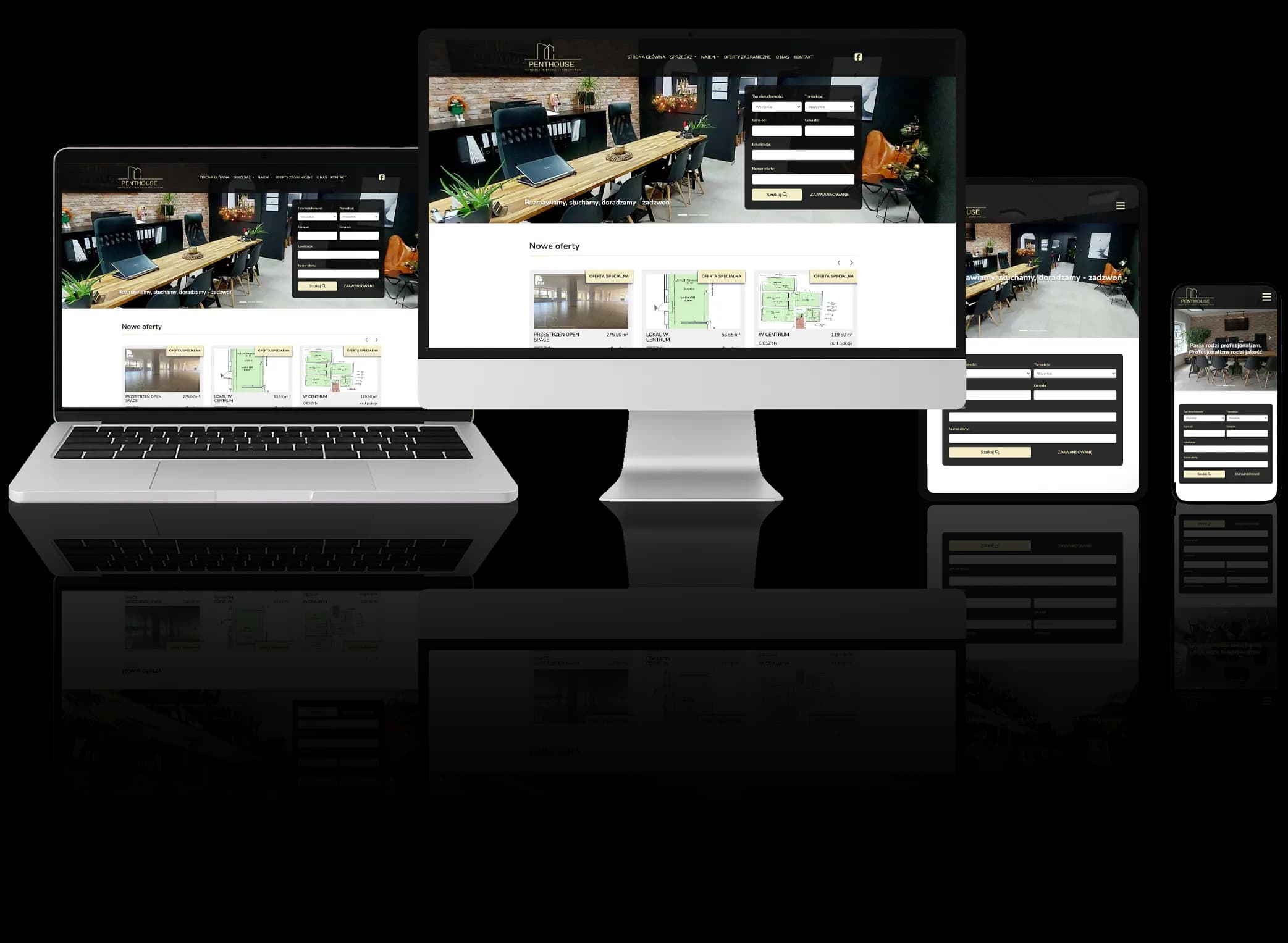 Website für einen Immobilienentwickler – Angebotsliste und Suchfunktion auf mehreren Geräten