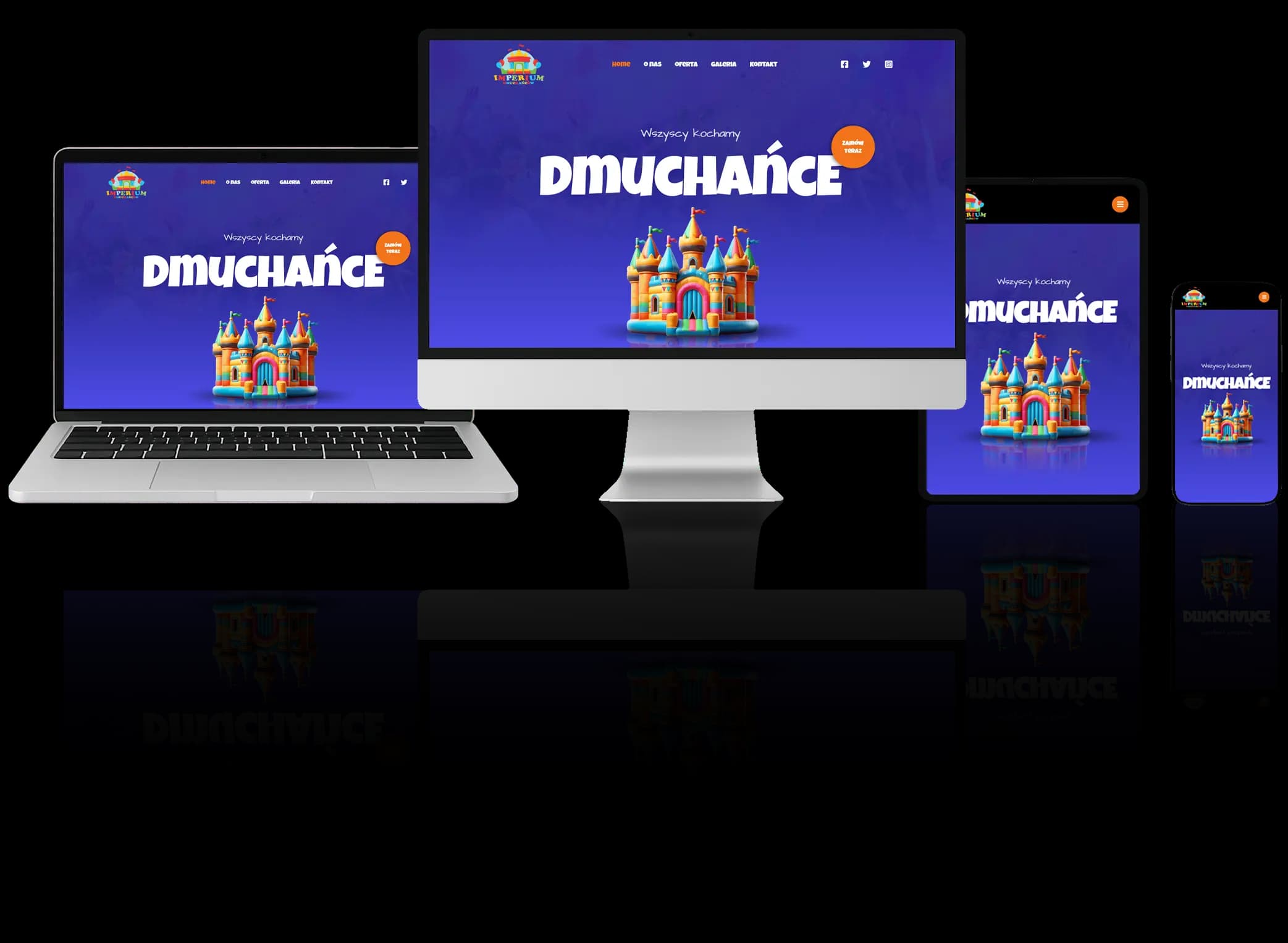 Website für ein Unternehmen mit Hüpfburgen – farbenfrohes, responsives Design auf Desktop, Tablet und Smartphone