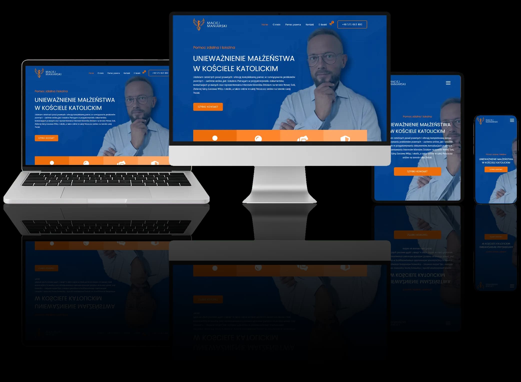 Responsives Webdesign für eine Anwaltskanzlei, die sich auf die Annullierung von Ehen in der katholischen Kirche spezialisiert, dargestellt auf verschiedenen Geräten: Computer, Laptop, Tablet und Smartphone.