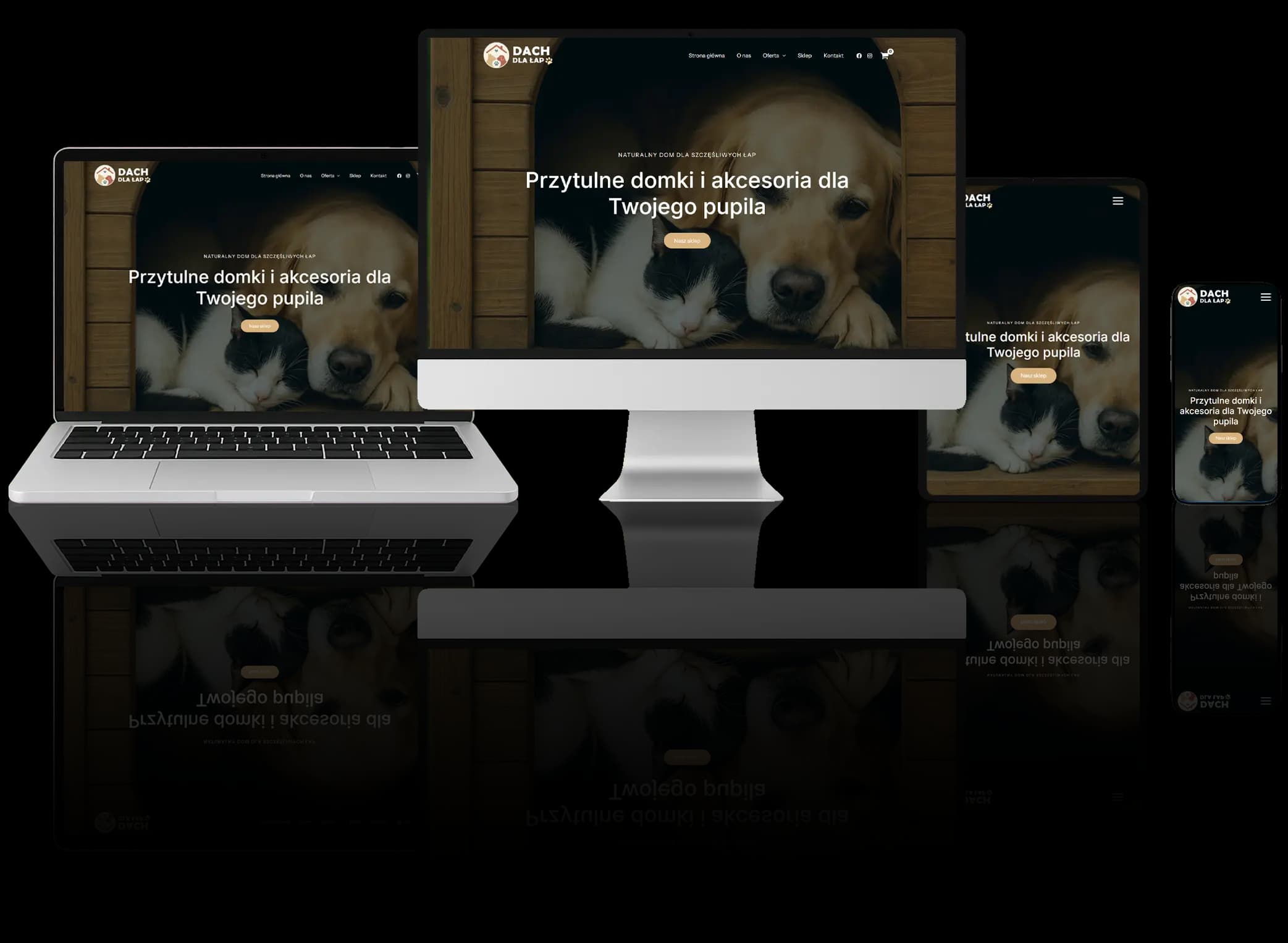 Responsives Webdesign für einen Onlineshop mit Häusern und Zubehör für Hunde und Katzen, dargestellt auf verschiedenen Geräten: Computer, Laptop, Tablet und Smartphone.
